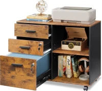 DEVAISE 3 Drawer Mobile File Cabinet,Wood Lockable Drawers Printer Stand with Open Storage Shelf fits A4 or Letter Size for Home Office, Rustic Brown(m-1)