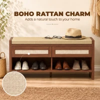 HOMCOM Boho Shoe Bench with 2 Rattan Drawers, Shoe Storage Bench with Cushioned Seat and Open Shelf Brown(m-4)