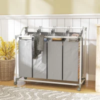 HOMCOM Wäschekorb mit 4 Fächer 160 L Wäschesammler mit Rädern, herausnehmbarer Wäschesack, 97 x 38 x 81 cm, Grau(m-2)