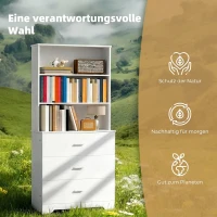 HOMCOM Bücherschrank Hochschrank Vitrinenschrank mit 3 Schubladen, 3 offen Regalen, für Wohnzimmer Küche, 79x39,5x180 cm, Weiß(m-6)