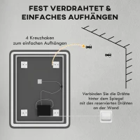 HOMCOM Badezimmerspiegel, beleuchtet, Touch-Steuerung, beschlagfrei, dimmbar, 3 Lichtfarben, 70x90, Silber(m-9)