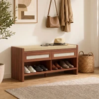 HOMCOM Boho Shoe Bench with 2 Rattan Drawers, Shoe Storage Bench with Cushioned Seat and Open Shelf Brown(m-9)
