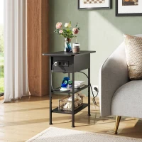 WLIVE Side Table with Charging Station, 3-Tier End Table with Drawer and Flip Top, Comes with USB Ports and Outlets for Living Room and Bedroom, Black(m-3)