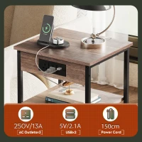 WLIVE 3-Tier Side Table, Built with Practical Charging Station and Adjustable Middle Shelf, Slim Design Fits Small Spaces, Suitable as Bedside Table for Living Room and Bedroom, Brown(m-6)