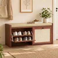 HOMCOM Rattan Shoe Bench with Padded Cushion and 2 Cabinets for Hidden Storage, Brown(m-14)