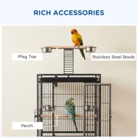 PawHut 156cm Bird Cage,Large Parrot Cage with Open Play Top, Perch, Seed Guard, Wheels, Storage Shelf, Dark Grey(m-8)