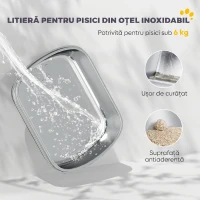 PawHut Litieră Închisă pentru Pisici din Oțel Inoxidabil, cu Capac Rabatabil, Acces Dublu și Paletă, Gri Deschis(m-4)