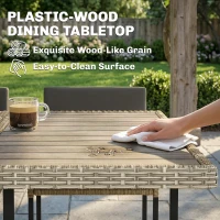 Outsunny 7 Piece Rattan Garden Furniture Set, Garden Dining Set with Wood-Plastic Table and 6 Stackable Chairs, Light Grey(m-6)