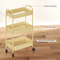 HOMCOM Carrito Auxiliar con Ruedas de 3 Niveles Carrito de Cocina con 3 Cestas y 2 Asas 45x30,6x79 cm Amarillo(m-6)