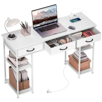 HOMCOM Schreibtisch Küchentisch mit 2 USB-Ladeanschlüssen 2 Steckdosen verstellbare Regale 3 Stoffschubladen 120x40x76 cm Weiß(m-12)
