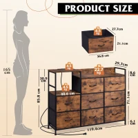 WLIVE Chest of Drawers with Charging Station, 8 Fabric Storage Drawers with Metal Frame and Wooden Top, TV Media Console Table Open Storage Shelves for Bedroom, Living Room, Hallway, Rustic Brown(m-3)