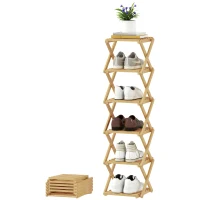 HOMCOM Schuhregal, klappbar Schuhständer mit 6 Ebenen aus Bambus, für max. 9 Paar Schuhe, 30 x 29 x 108 cm, Natur(m-11)