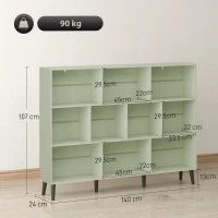 HOMCOM 10-Cube Bookcase, 3-Tier Book Shelf with Solid Wood Legs, 140 cm Modern Bookshelf with Anti-Tip Kit, Light Green(m-3)
