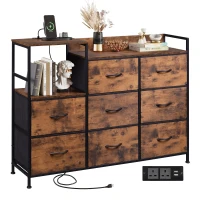 WLIVE Chest of Drawers with Charging Station, 8 Fabric Storage Drawers with Metal Frame and Wooden Top, TV Media Console Table Open Storage Shelves for Bedroom, Living Room, Hallway, Rustic Brown(m-2)