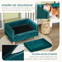 PawHut Sofá para Perros Pequeños 64x45x36 cm Tapizado en Terciopelo con Cojín Lavable y Patas de Madera de Abedul Azul Verdoso(m-6)