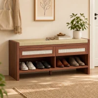 HOMCOM Boho Shoe Bench with 2 Rattan Drawers, Shoe Storage Bench with Cushioned Seat and Open Shelf Brown(m-14)