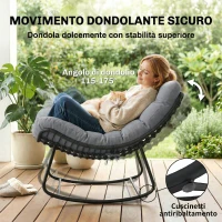 Outsunny Sedia a Dondolo stile Boho in Rattan e Metallo con Cuscino Morbido, 87x110x70 cm, Grigio Scuro(m-8)