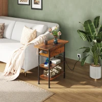 WLIVE Side Table with Charging Station, 3-Tier End Table with Drawer and Flip Top, Comes with USB Ports and Outlets, 60x30x62cm for Living Room and Bedroom, Rustic Brown(m-3)