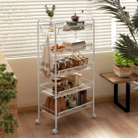 HOMCOM Küchenwagen mit 5 Drahtkörben, 4 Haken, 4 Rollen, 2 Griffe, Stahl/Kunststoff, 45x26,5x106 cm, Weiß(m-8)