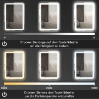HOMCOM Badezimmerspiegel, beleuchtet, Touch-Steuerung, beschlagfrei, dimmbar, 3 Lichtfarben, 70x90, Silber(m-6)
