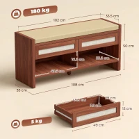 HOMCOM Boho Shoe Bench with 2 Rattan Drawers, Shoe Storage Bench with Cushioned Seat and Open Shelf Brown(m-3)