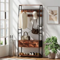 HOMCOM Garderobe mit Schuhregal, Mantelständer mit Sitzbank, 10 Haken, 2 Stoffschubladen, Kleiderstange, Spanplatte, Metall, Braun(m-10)