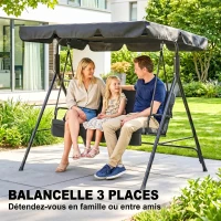Outsunny Balancelle de Jardin 3 Places Toit Inclinaison réglable Coussins Assise et Dossier Acier Noir Polyester Noire(m-6)