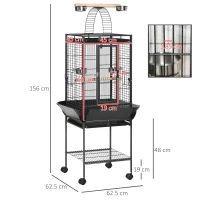 PawHut 156cm Bird Cage,Large Parrot Cage with Open Play Top, Perch, Seed Guard, Wheels, Storage Shelf, Dark Grey(m-3)