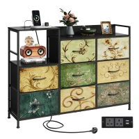 WLIVE Chest of Drawers with Charging Station, 8 Fabric Storage Drawers with Metal Frame and Wooden Top, TV Media Console Table Open Storage Shelves for Bedroom, Living Room, Hallway, Retro(m-2)