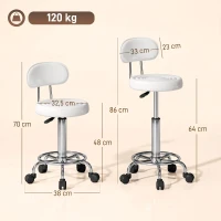 HOMCOM Rollkruk, Draaibare en Verstelbare Kruk met Rugleuning, Kunstleer, Voetsteun, voor Friseurtafels, Wit(m-3)