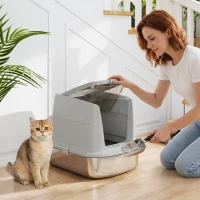 PawHut Litieră Închisă pentru Pisici din Oțel Inoxidabil, cu Capac Rabatabil, Acces Dublu și Paletă, Gri Deschis(m-2)