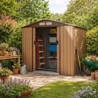 Outsunny 7 x 4ft Lockable Metal Garden Tool Storage Shed, Outdoor Storage Shed with Foundation and vents, Light Brown(m-2)