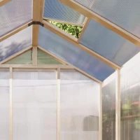 Outsunny 6.6 x 6ft Polycarbonate Greenhouse, Walk-in Wooden Greenhouse with Lockable Door and Window, Garden Plants Grow House, Brown(m-10)
