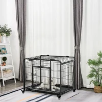 PawHut Kennel per Cani Pieghevole a Doppia Porta con Blocco, 4 Ruote con Freno e Fondo Rimovibile, 94x58x69.5 cm, Grigio(m-2)