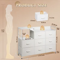 WLIVE Chest of Drawers with Charging Station, 8 Fabric Storage Drawers with Metal Frame and Wooden Top, TV Media Console Table Open Storage Shelves for Bedroom, Living Room, Hallway, White(m-3)