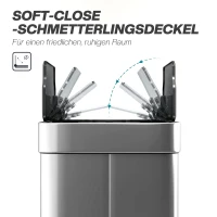 HOMCOM Sensor-Mülleimer, 55 L Kapazität, Schmetterlingsdeckel, öffnet automatisch, Edelstahl, Silberfarben(m-7)