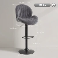 HOMCOM Lote de 2 Bancos de Bar, Altura Ajustável 62-83cm, Giratórias 360°, Assento Estofado, Encosto e Apoio para Pés, Cinza(m-3)