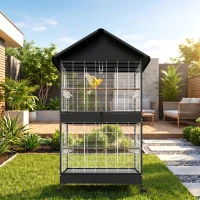 PawHut Colivie Mare pentru Păsări cu Roți, Stinghii, Acoperiș și Hrănitori, pentru Papagali și Canari, Negru(m-8)