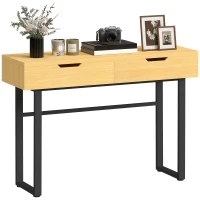 HOMCOM Konsolentisch Schmaler Flurtisch mit 2 Schubladen, Metallrahmen, für Flur 110 x 35 x 76,5 cm Natur(m-12)