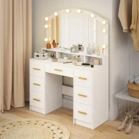 HOMCOM Schminktisch mit 10 LED-Hollywood-Lampen, Spiegel, 7 Schubladen, 3 Fächer, MDF, Weiß(m-8)