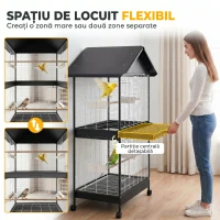 PawHut Colivie Mare pentru Păsări cu Roți, Stinghii, Acoperiș și Hrănitori, pentru Papagali și Canari, Negru(m-4)