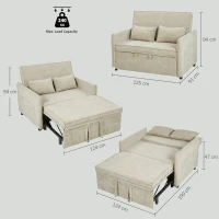 HOMCOM Canapea extensibilă 2 locuri, Canapea-pat 3 în 1 din chenille 125 cm cu spătar reglabil, șezut lat, 2 perne, Crem(m-3)