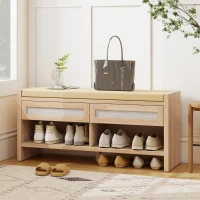 HOMCOM Boho Shoe Bench with 2 Rattan Drawers, Shoe Storage Bench with Cushioned Seat and Open Shelf Oak Wood Effect(m-2)