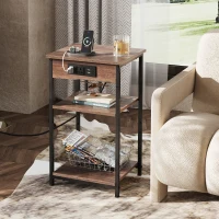 WLIVE 3-Tier Side Table, Built with Practical Charging Station and Adjustable Middle Shelf, Slim Design Fits Small Spaces, Suitable as Bedside Table for Living Room and Bedroom, Brown(m-1)