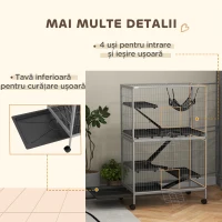 PawHut Cușcă pentru Rozătoare cu 4 Intrări și Niveluri Multiple, cu Hamac, din Metal și PP, 80x52x128 cm, Argintiu și Gri(m-7)