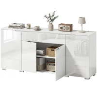 HOMCOM Hochglanz-Sideboard, moderne Kommode mit 4 Türen und verstellbaren Einlegeböden, Soft-Close-Funktion, Weiß(m-11)
