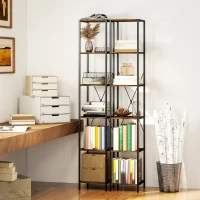 HOMCOM 2er-Set 6-Ebenen-Bücherregal, Stahlrahmen, für Wohnzimmer, Büro, Schlafzimmer, Rustikal-Braun(m-2)