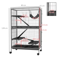 PawHut Cușcă pentru Rozătoare cu 4 Intrări și Niveluri Multiple, cu Hamac, din Metal și PP, 80x52x128 cm, Argintiu și Gri(m-3)