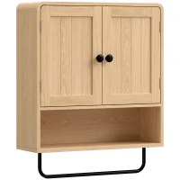 HOMCOM Dulap suspendat pentru baie, mobilier de depozitare suspendat cu 2 uși, raft deschis, suport pentru prosoape, stejar(m-1)