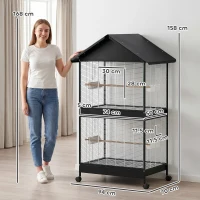 PawHut Colivie Mare pentru Păsări cu Roți, Stinghii, Acoperiș și Hrănitori, pentru Papagali și Canari, Negru(m-3)
